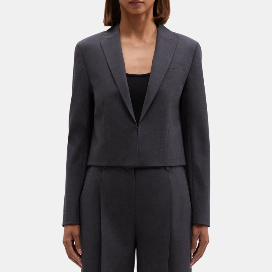 Women Theory Outlet | Cropped Blazer In Stretch Wool Charcoal Melange