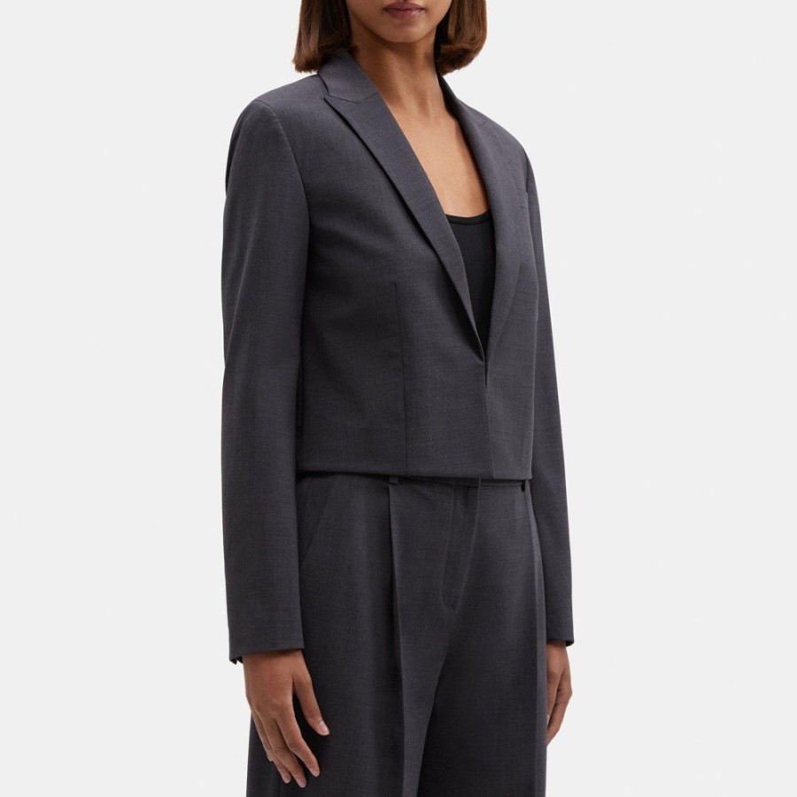 Women Theory Outlet | Cropped Blazer In Stretch Wool Charcoal Melange