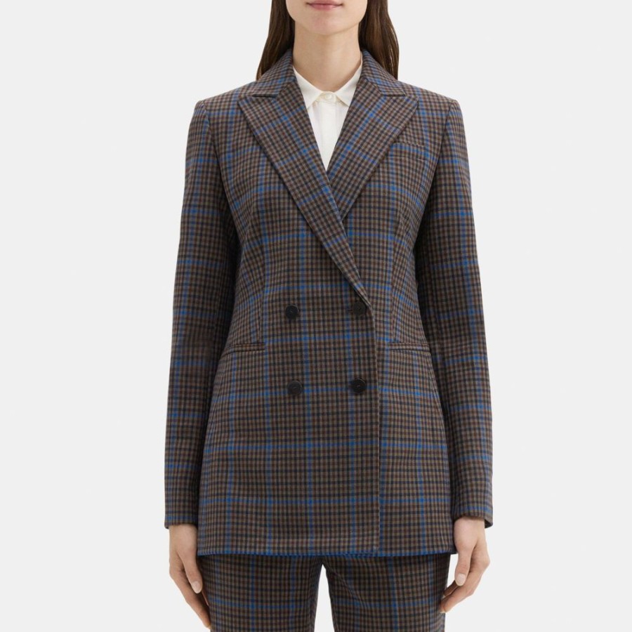 Women Theory Outlet | Power Jacket In Windowpane Wool-Blend Khaki Multi