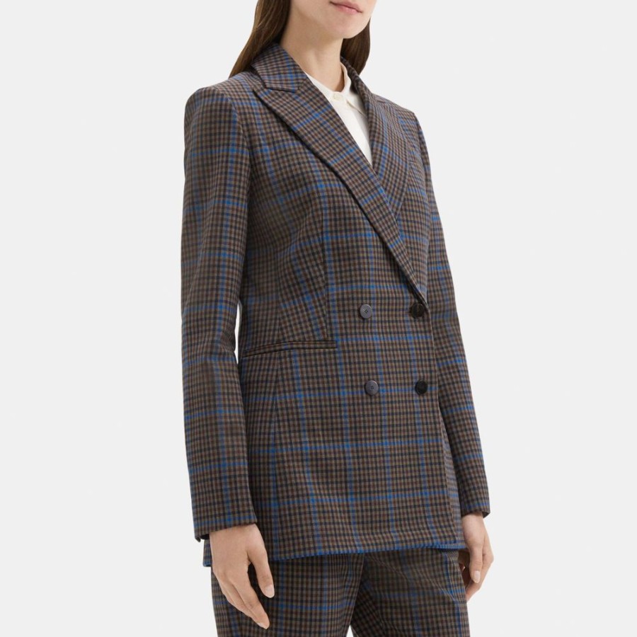 Women Theory Outlet | Power Jacket In Windowpane Wool-Blend Khaki Multi