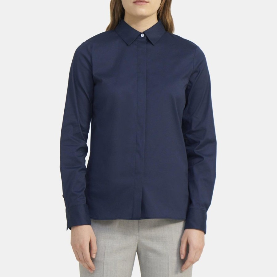 Women Theory Outlet | Fitted Shirt In Stretch Cotton Classic Navy