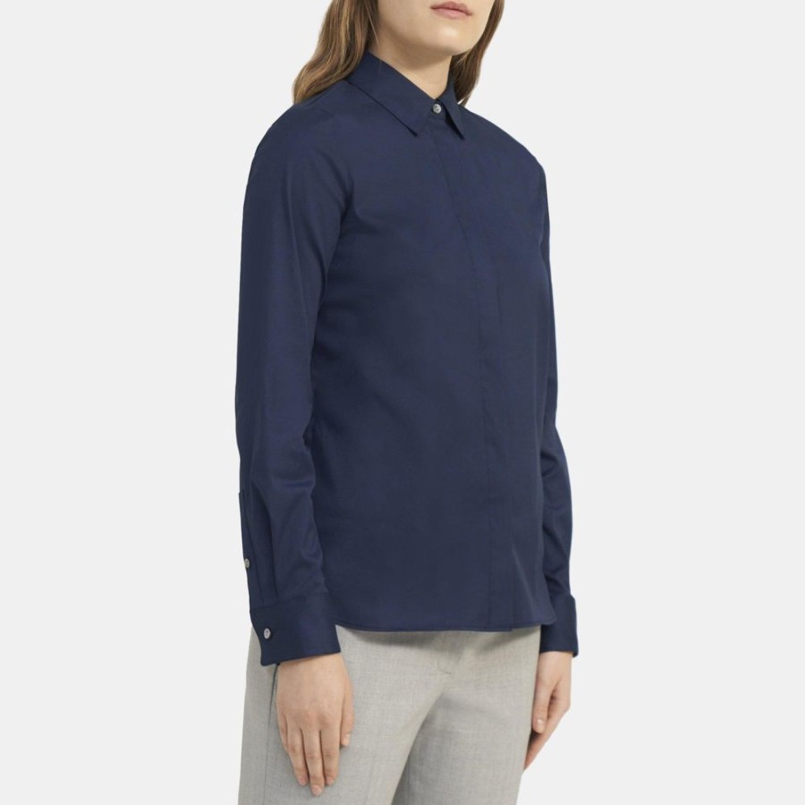 Women Theory Outlet | Fitted Shirt In Stretch Cotton Classic Navy