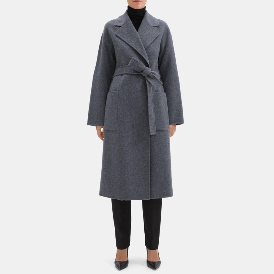 Women Theory Outlet | Robe Coat In Double-Face Wool-Cashmere Dark Grey Melange