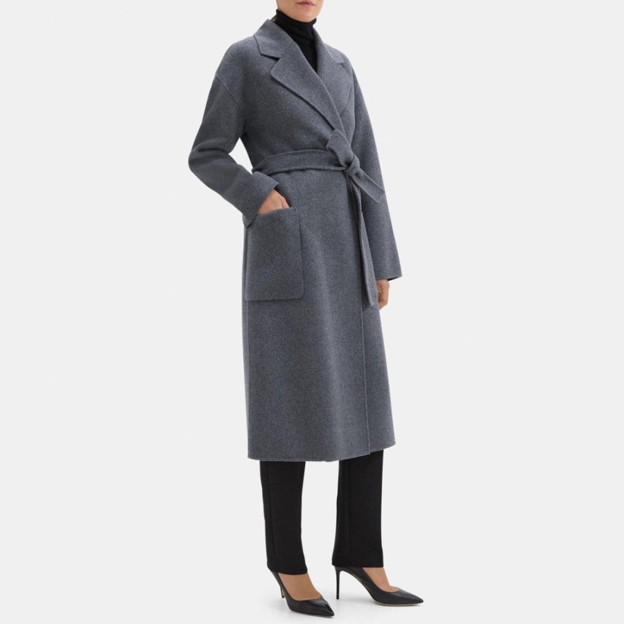 Women Theory Outlet | Robe Coat In Double-Face Wool-Cashmere Dark Grey Melange