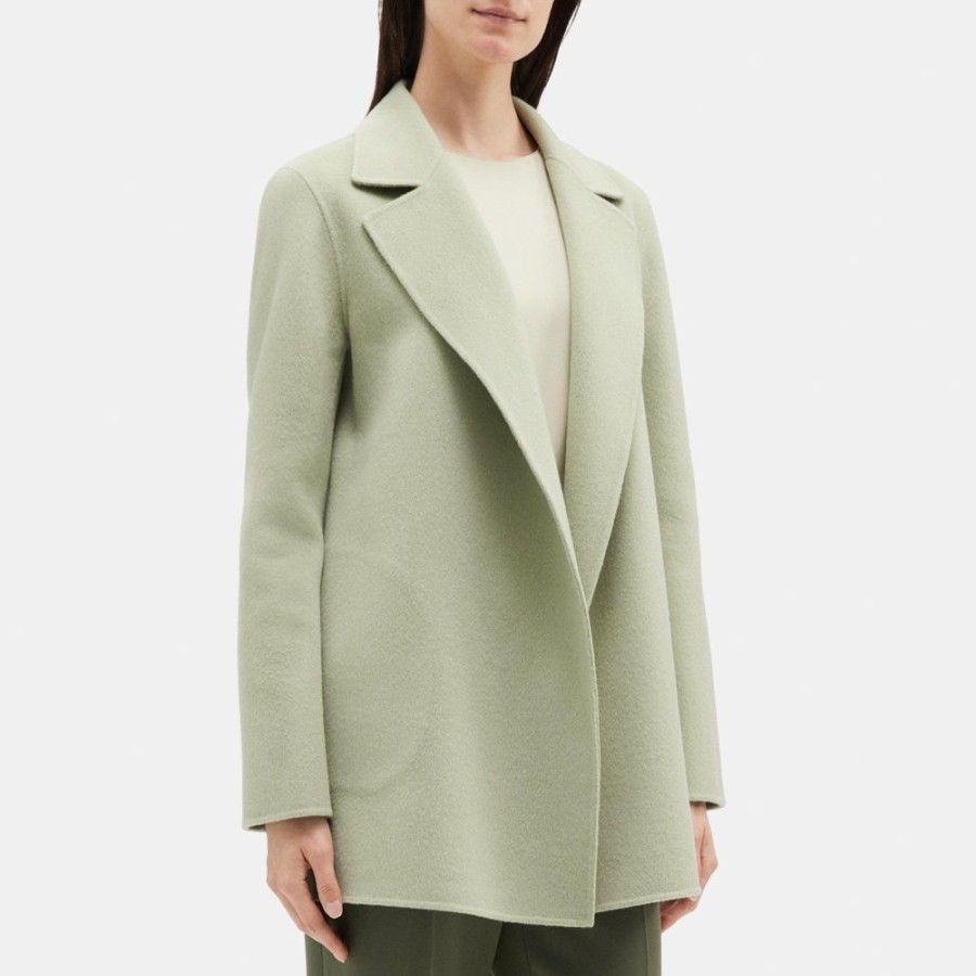 Women Theory Outlet | Open Front Coat In Double-Face Wool-Cashmere Moss Grey Melange