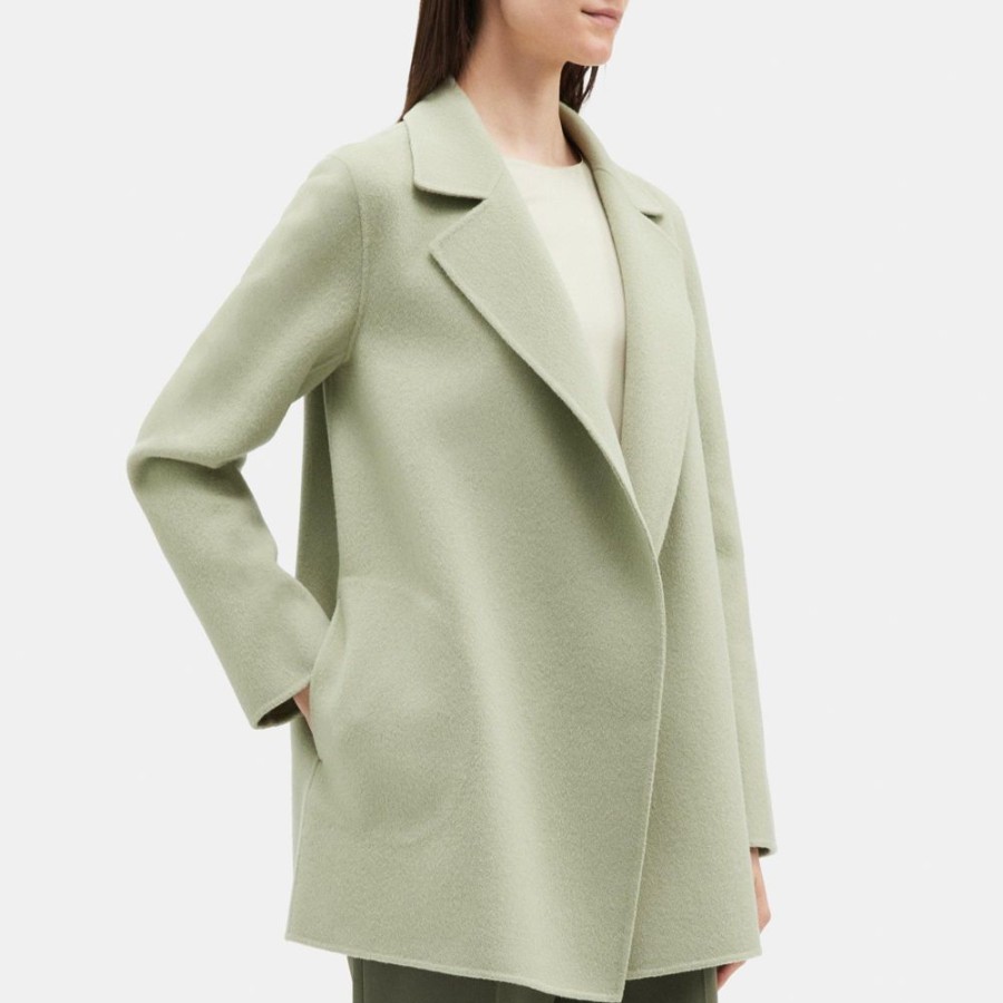 Women Theory Outlet | Open Front Coat In Double-Face Wool-Cashmere Moss Grey Melange