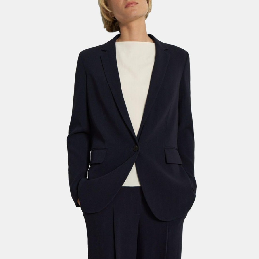 Women Theory Outlet | Casual Blazer In Striped Admiral Crepe Deep Navy