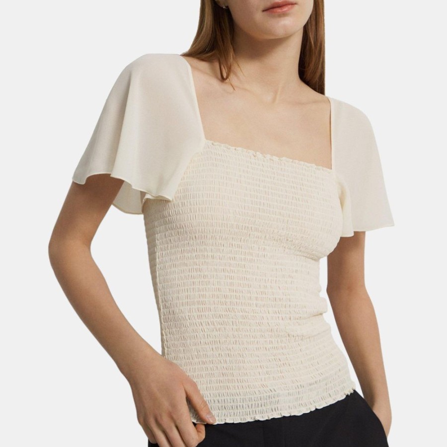 Women Theory Outlet | Smocked Short-Sleeve Top In Recycled Sheer Georgette Ivory