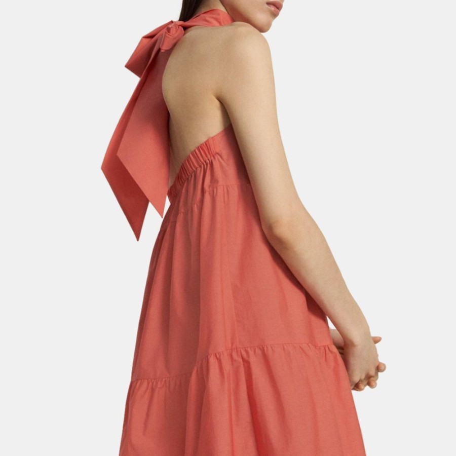 Women Theory Outlet | Tiered Halter Mini Dress In Cotton Blend Pink Coral