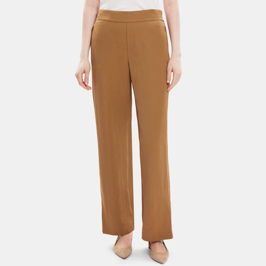 Women Theory Outlet | Straight Pull-On Pant In Linen-Blend Fawn