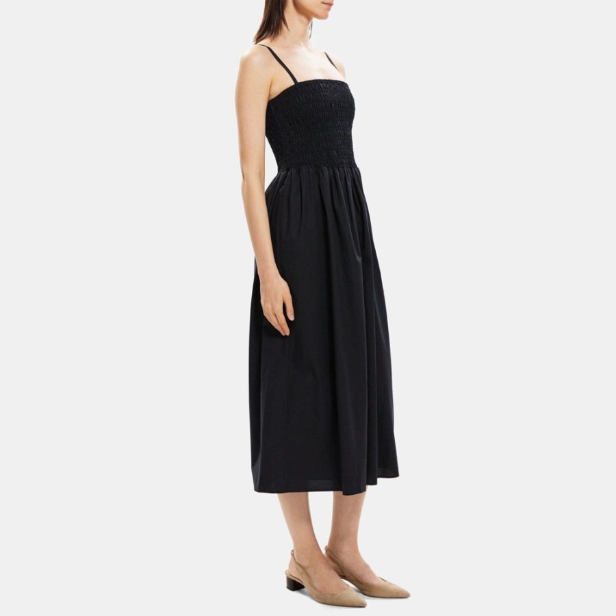 Women Theory Outlet | Smocked Midi Dress In Cotton Poplin Black