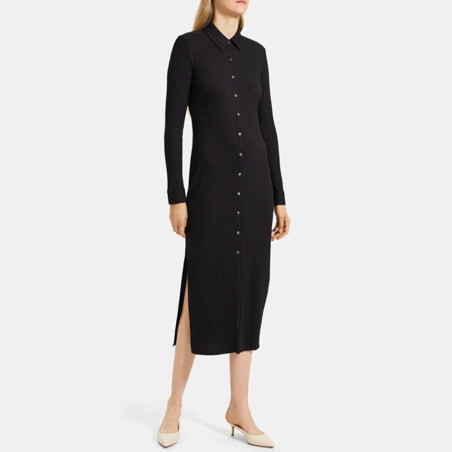 Women Theory Outlet | Maxi Shirt Dress In Ribbed Modal Cotton Black