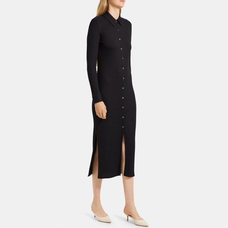 Women Theory Outlet | Maxi Shirt Dress In Ribbed Modal Cotton Black