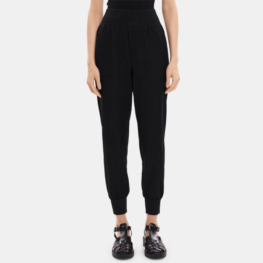 Women Theory Outlet | Cropped Jogger Pant In Viscose-Blend Pique Black