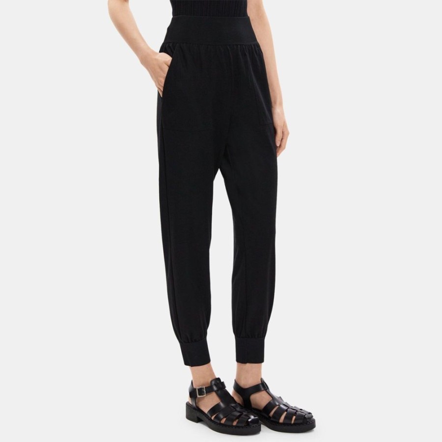 Women Theory Outlet | Cropped Jogger Pant In Viscose-Blend Pique Black