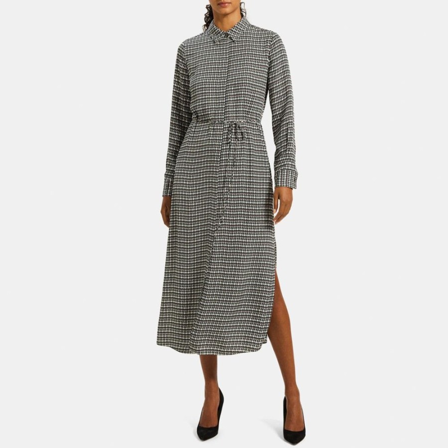 Women Theory Outlet | Belted Shirt Dress In Houndstooth Viscose Sea Storm Multi