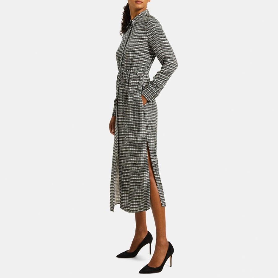 Women Theory Outlet | Belted Shirt Dress In Houndstooth Viscose Sea Storm Multi