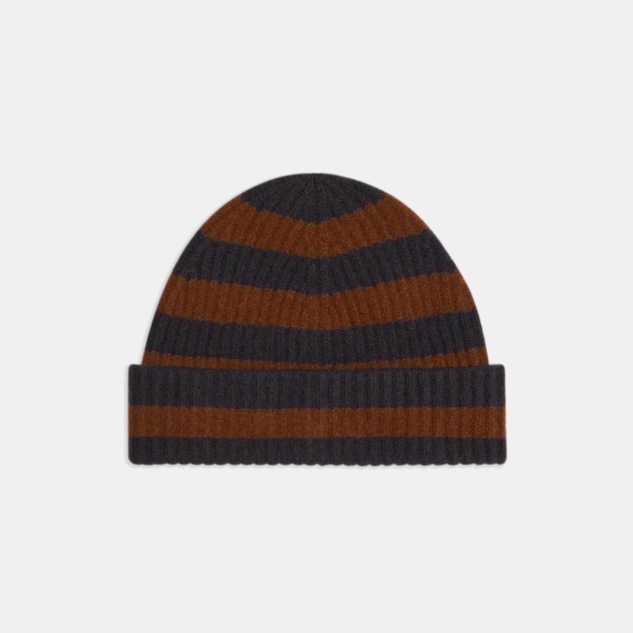 Women Theory Outlet | Striped Beanie In Ribbed Wool Charcoal/Brown