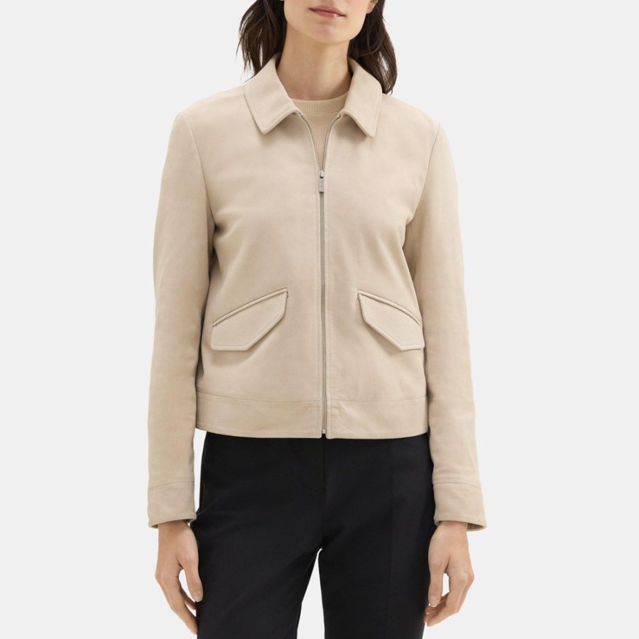 Women Theory Outlet | Short Zip Jacket In Leather Sand