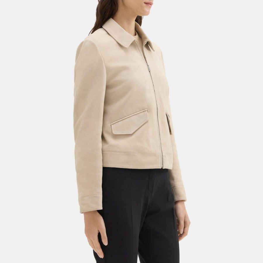 Women Theory Outlet | Short Zip Jacket In Leather Sand