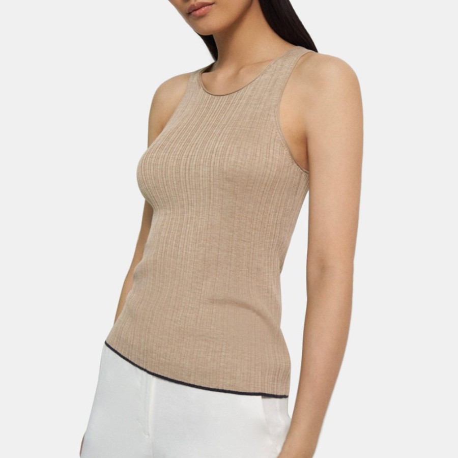 Women Theory Outlet | Ribbed Tank In Washable Silk Oat Melange