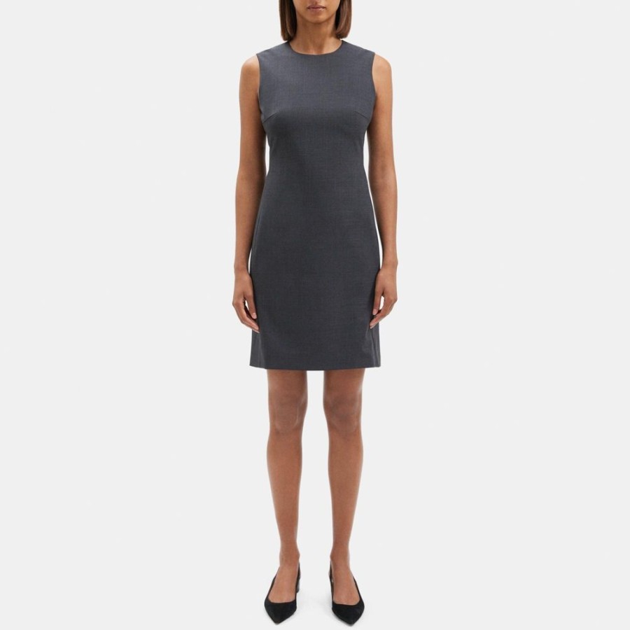 Women Theory Outlet | Sleeveless Fitted Dress In Stretch Wool Charcoal Melange