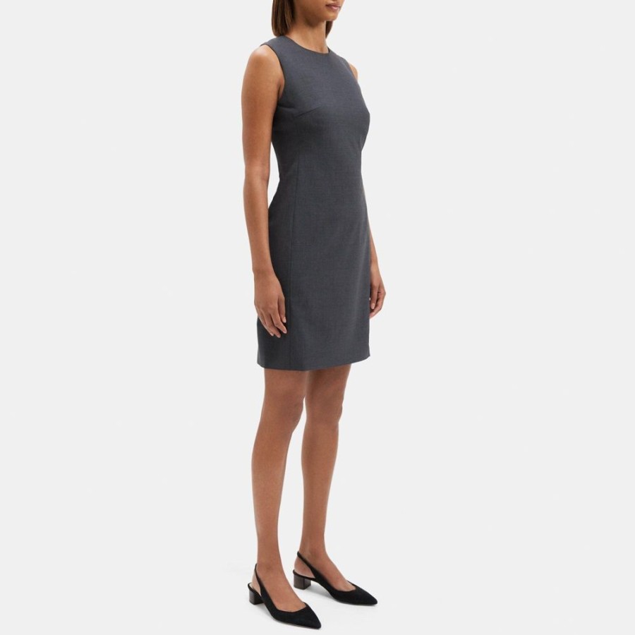 Women Theory Outlet | Sleeveless Fitted Dress In Stretch Wool Charcoal Melange