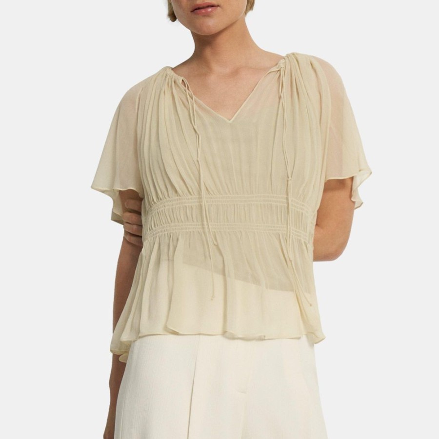 Women Theory Outlet | Tie Neck Top In Crinkled Silk Chiffon Flax