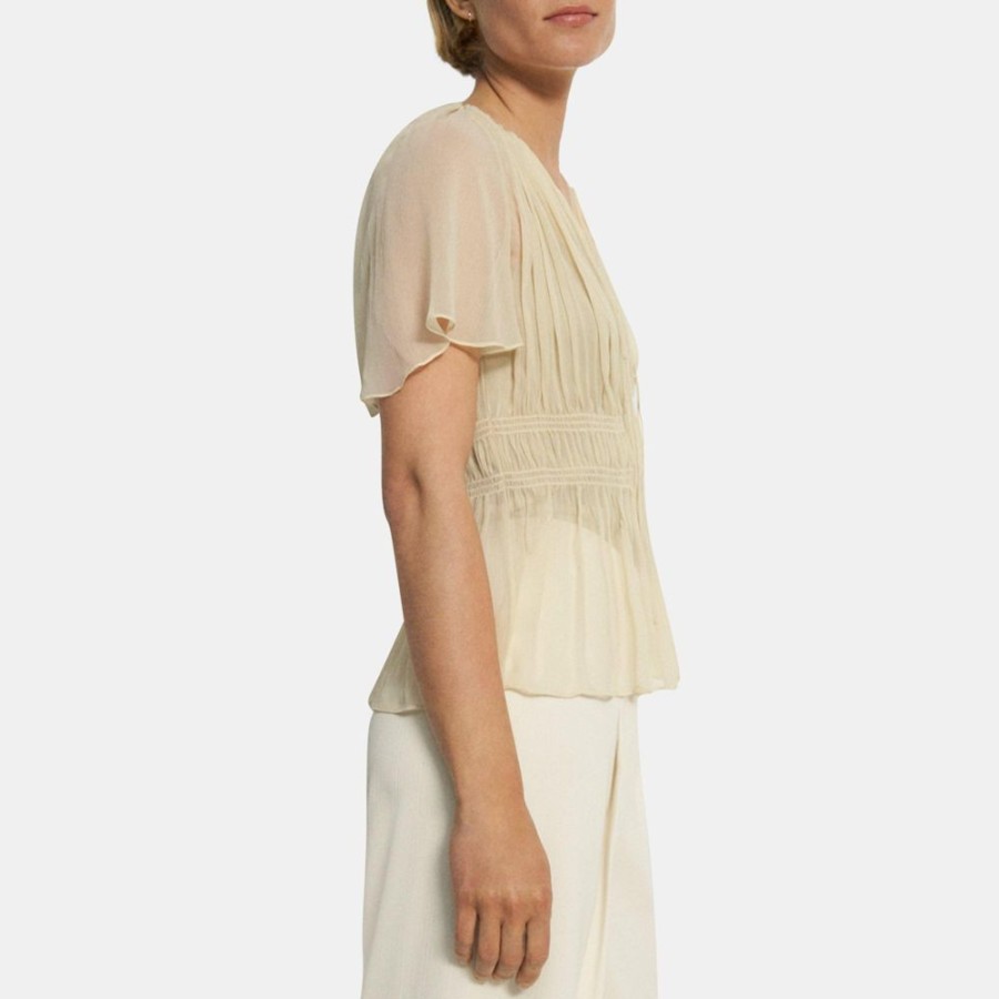 Women Theory Outlet | Tie Neck Top In Crinkled Silk Chiffon Flax