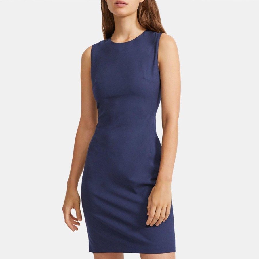 Women Theory Outlet | Sleeveless Fitted Dress In Stretch Wool Sea Blue