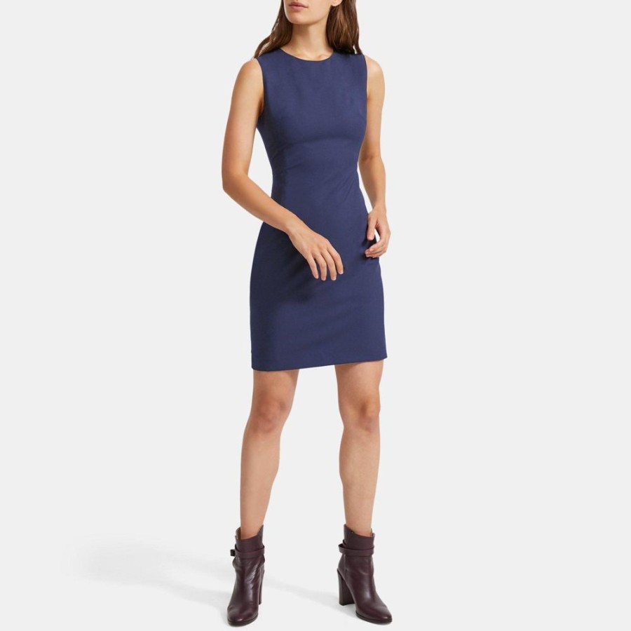 Women Theory Outlet | Sleeveless Fitted Dress In Stretch Wool Sea Blue