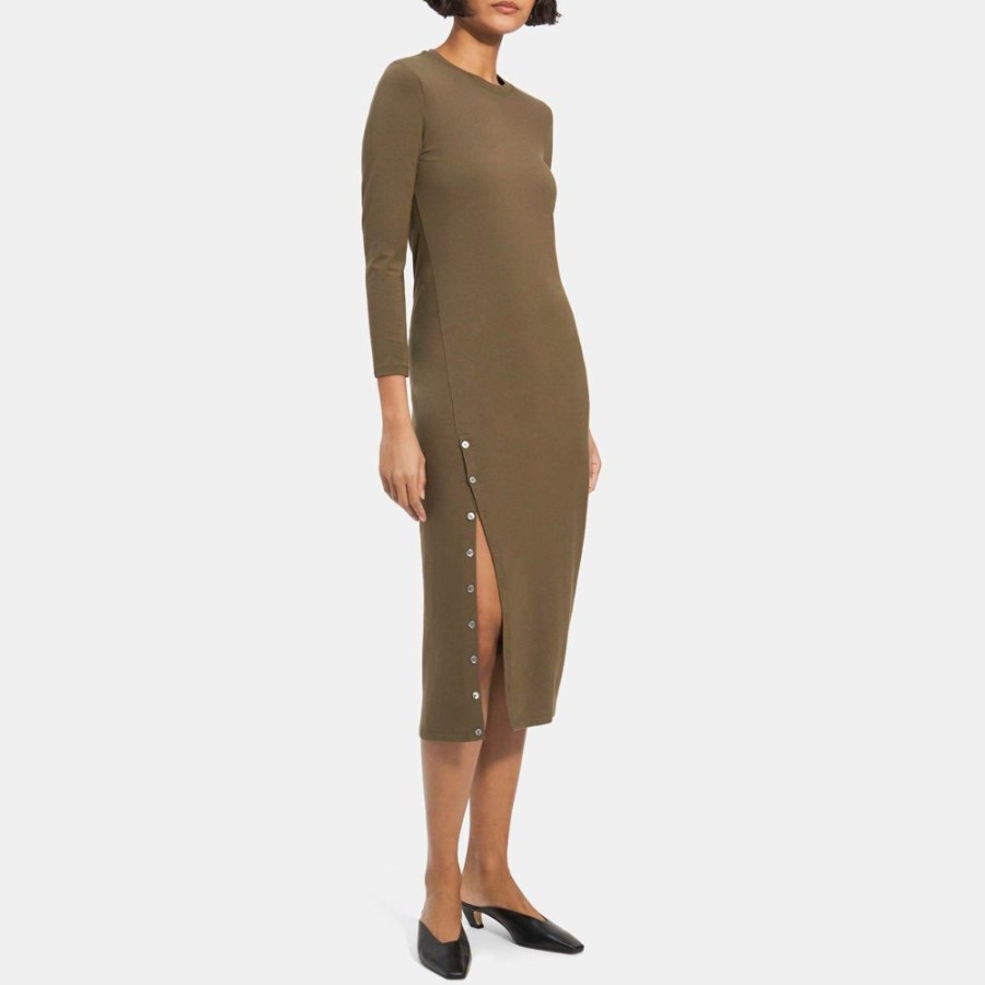 Women Theory Outlet | Button-Hem Long-Sleeve Dress In Modal Cotton Faded Army