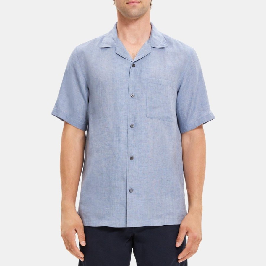 Men Theory Outlet | Camp Collar Shirt In Linen Heron