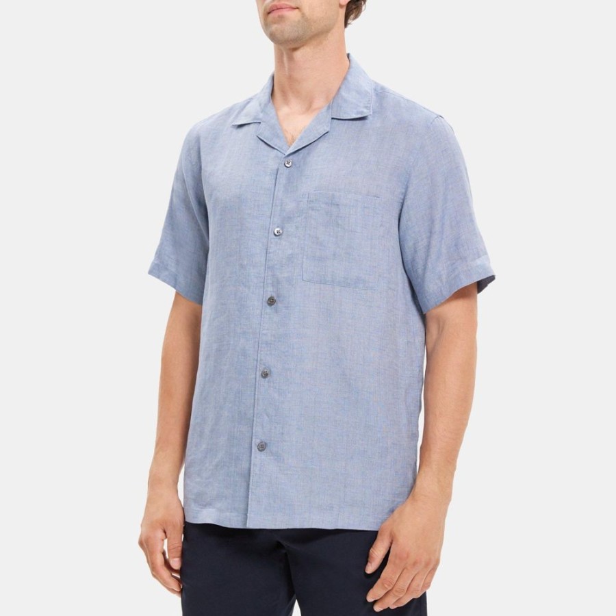 Men Theory Outlet | Camp Collar Shirt In Linen Heron