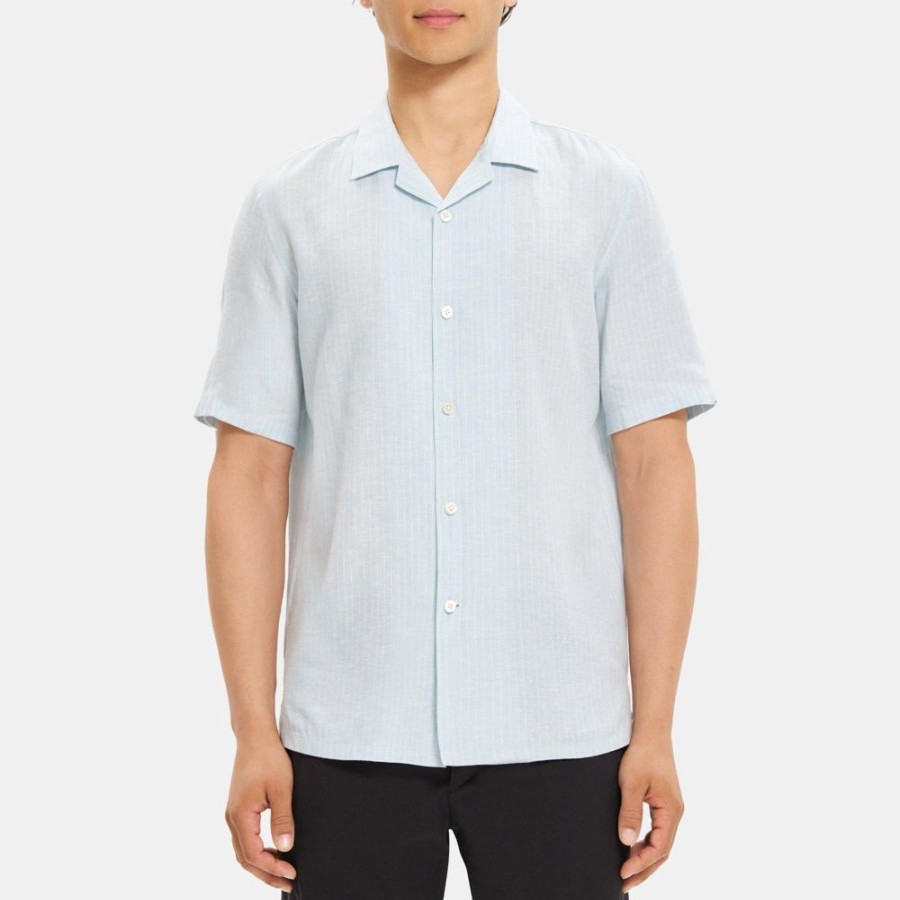 Men Theory Outlet | Short-Sleeve Camp Shirt In Striped Linen-Tencel Winter Sky/White