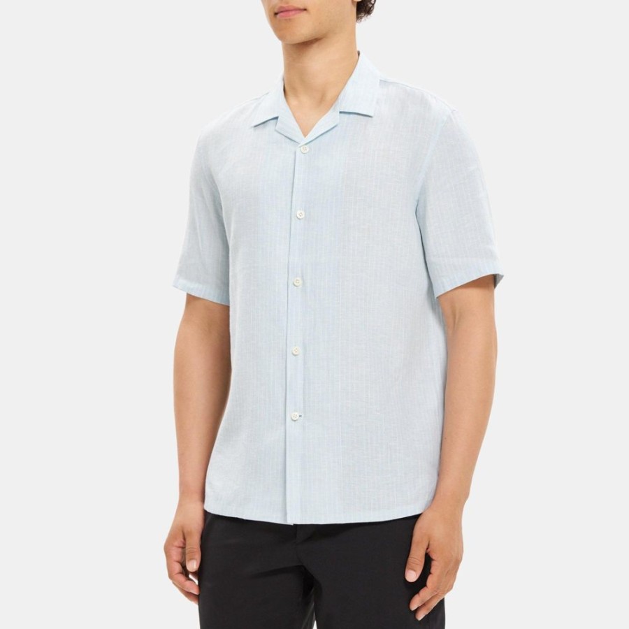 Men Theory Outlet | Short-Sleeve Camp Shirt In Striped Linen-Tencel Winter Sky/White