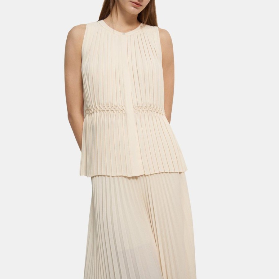 Women Theory Outlet | Pleated Sleeveless Top In Recycled Georgette Vanilla