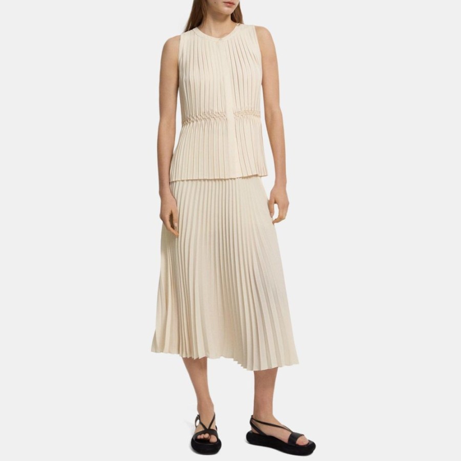 Women Theory Outlet | Pleated Sleeveless Top In Recycled Georgette Vanilla