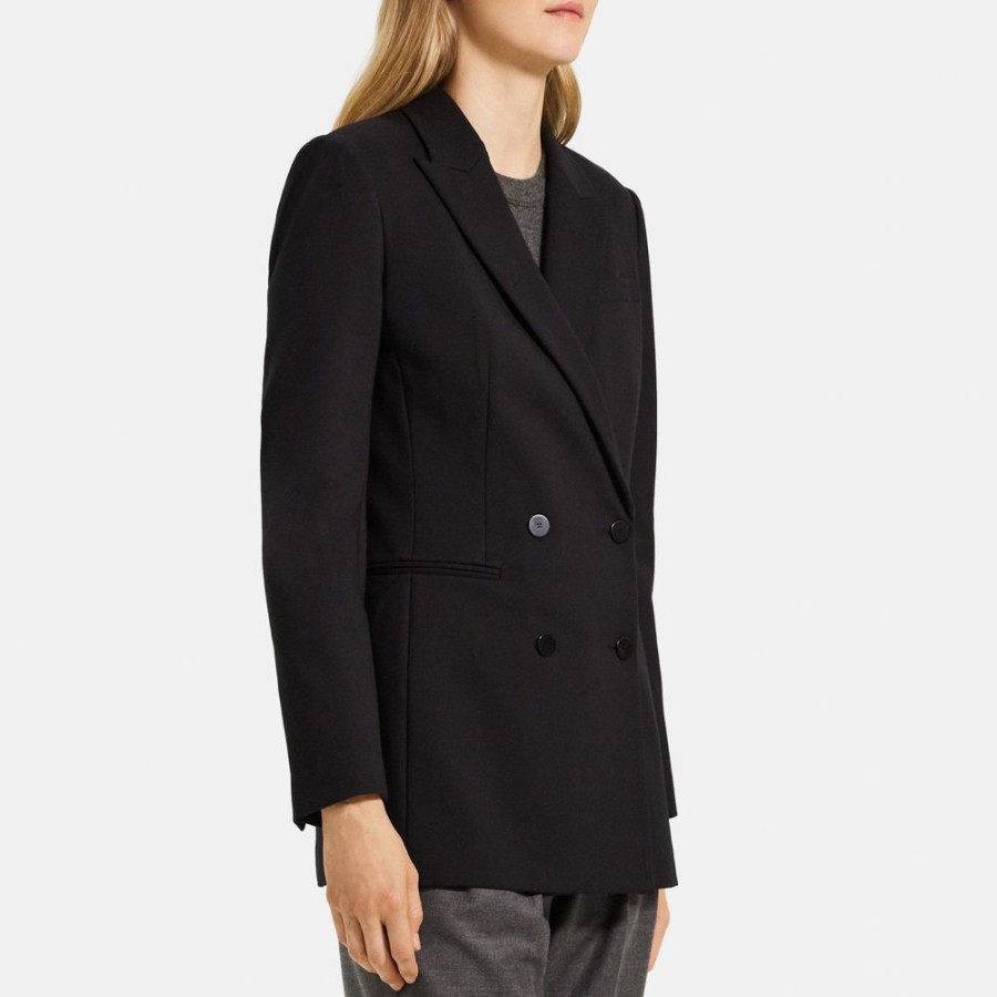 Women Theory Outlet | Double-Breasted Blazer In Stretch Knit Ponte Black