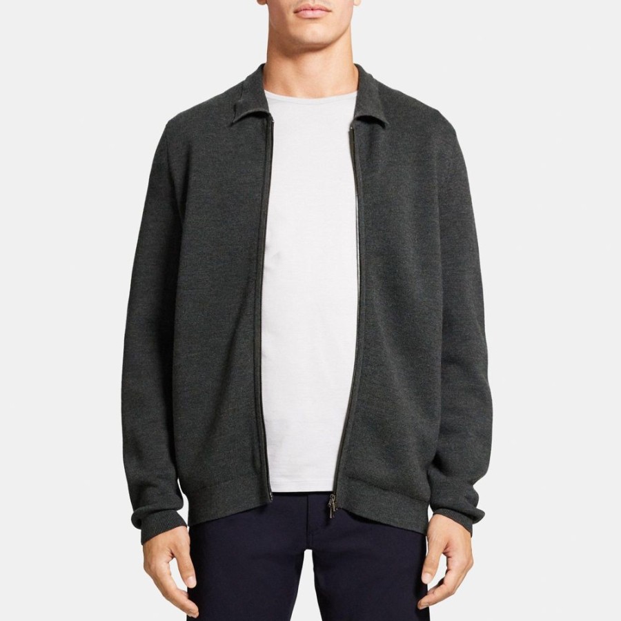 Men Theory Outlet | Zip Polo Cardigan In Merino Wool Olive Melange