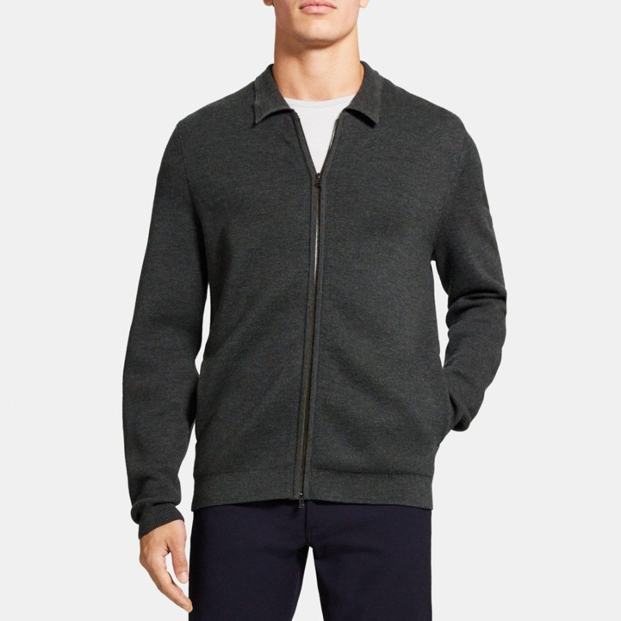 Men Theory Outlet | Zip Polo Cardigan In Merino Wool Olive Melange