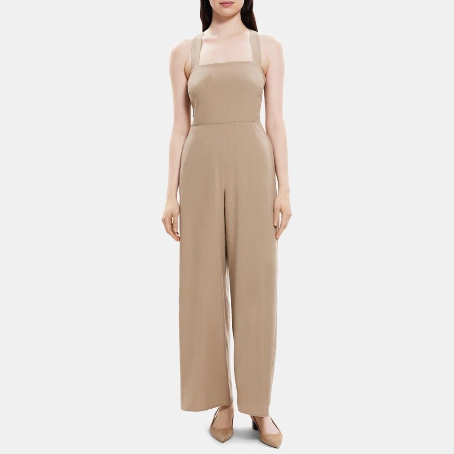 Women Theory Outlet | Crossback Jumpsuit In Linen-Blend Taupe