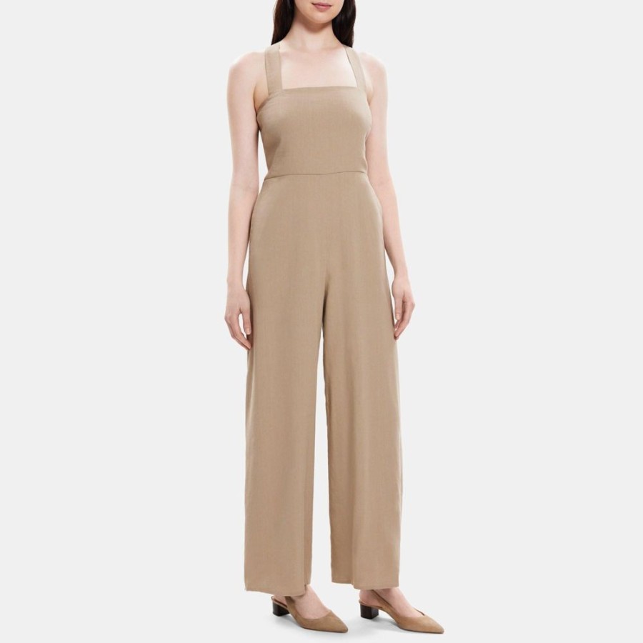 Women Theory Outlet | Crossback Jumpsuit In Linen-Blend Taupe