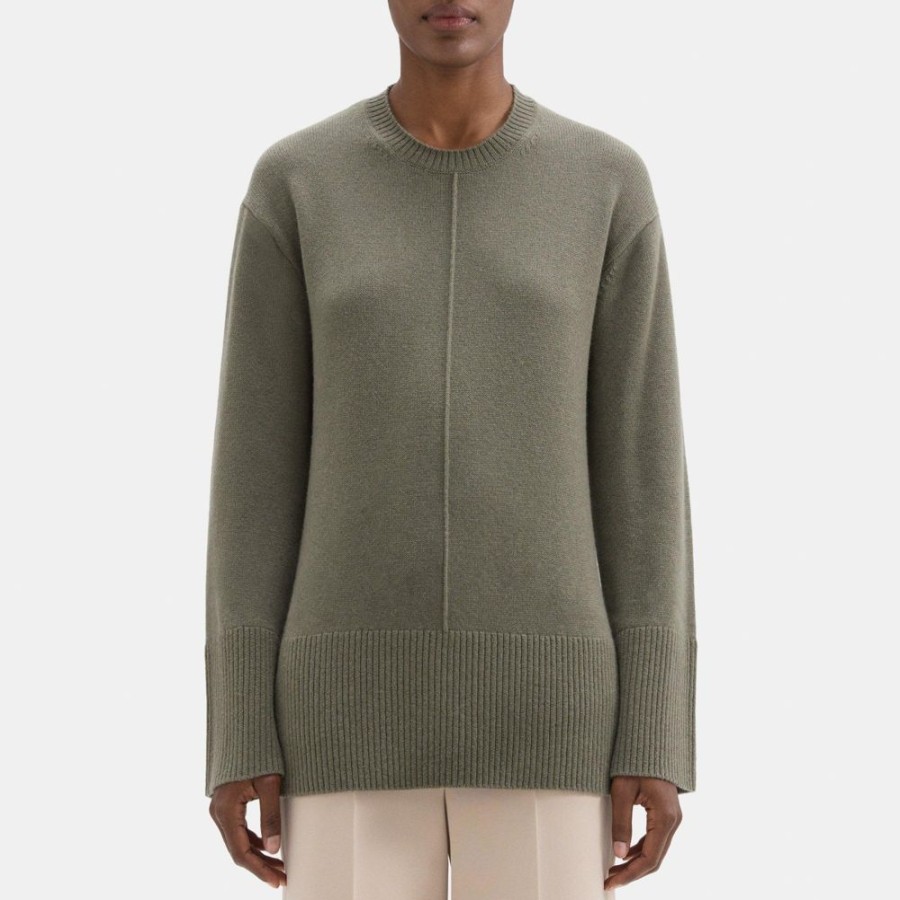 Women Theory Outlet | Oversized Crewneck Sweater In Wool-Cashmere Deep Sage