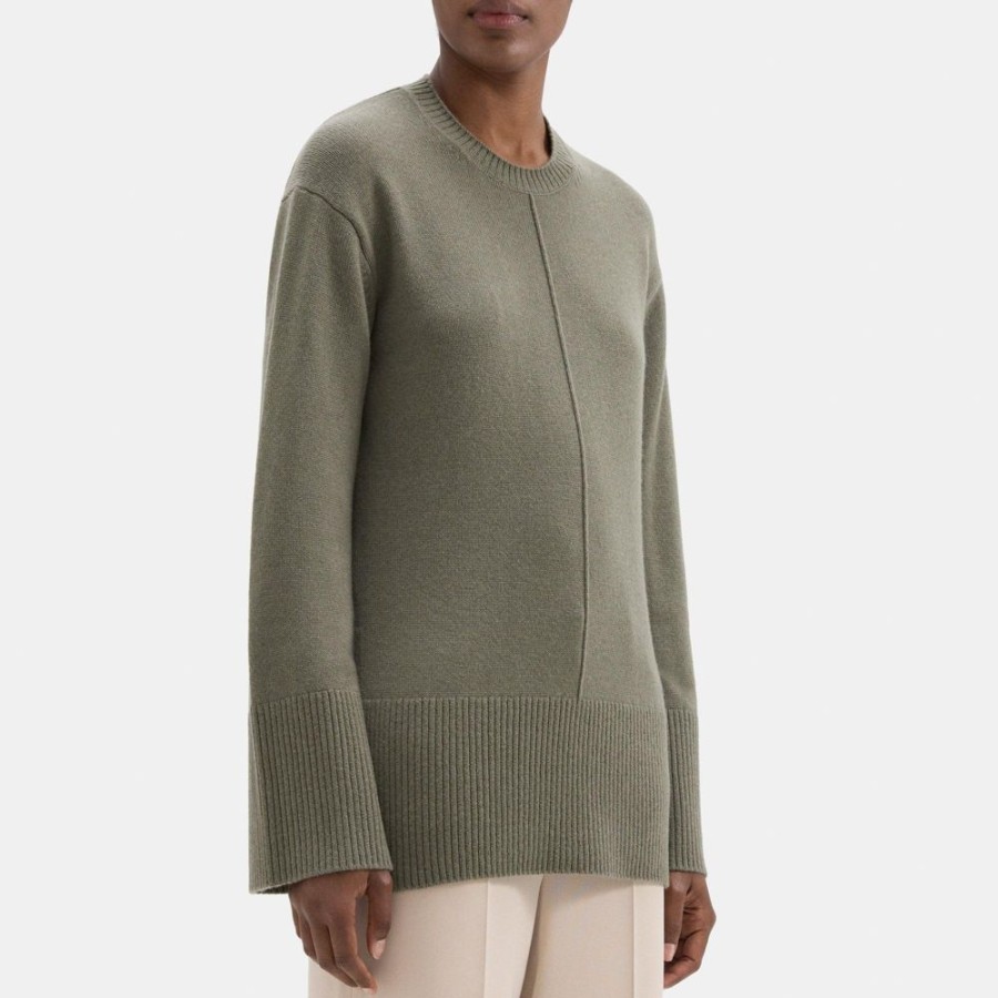 Women Theory Outlet | Oversized Crewneck Sweater In Wool-Cashmere Deep Sage