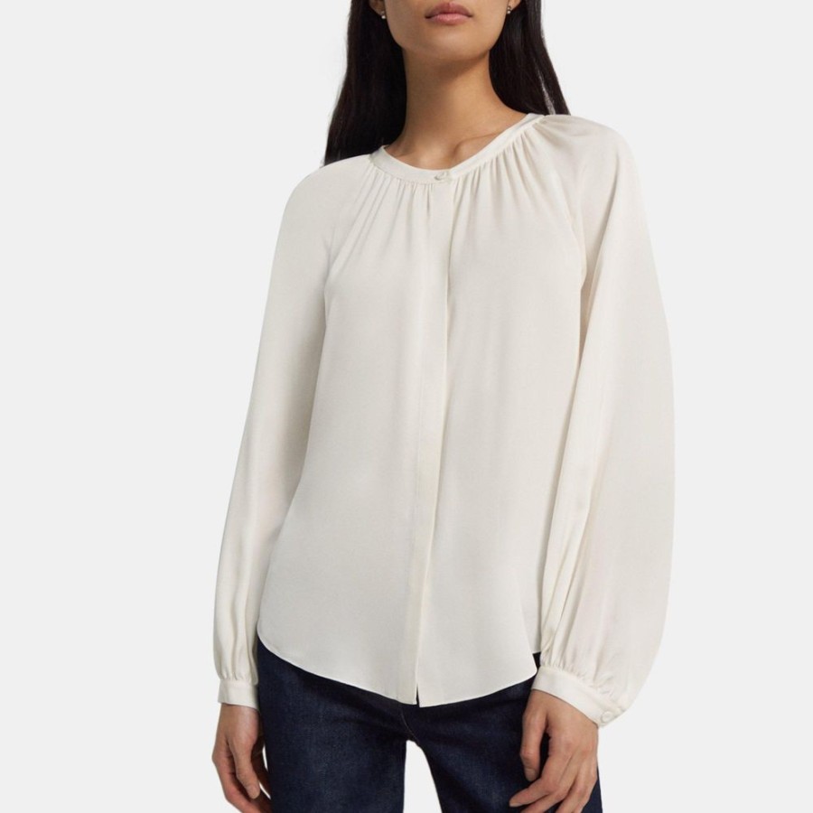 Women Theory Outlet | Gathered Shirt In Stretch Silk Ivory