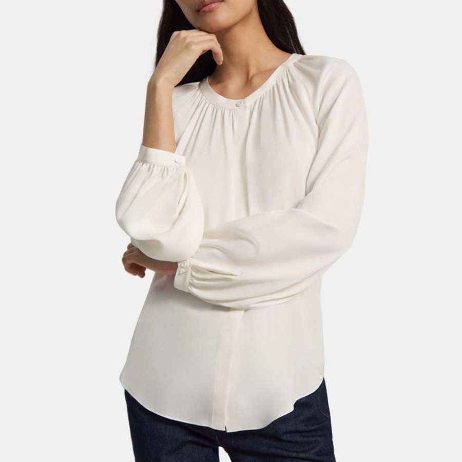 Women Theory Outlet | Gathered Shirt In Stretch Silk Ivory