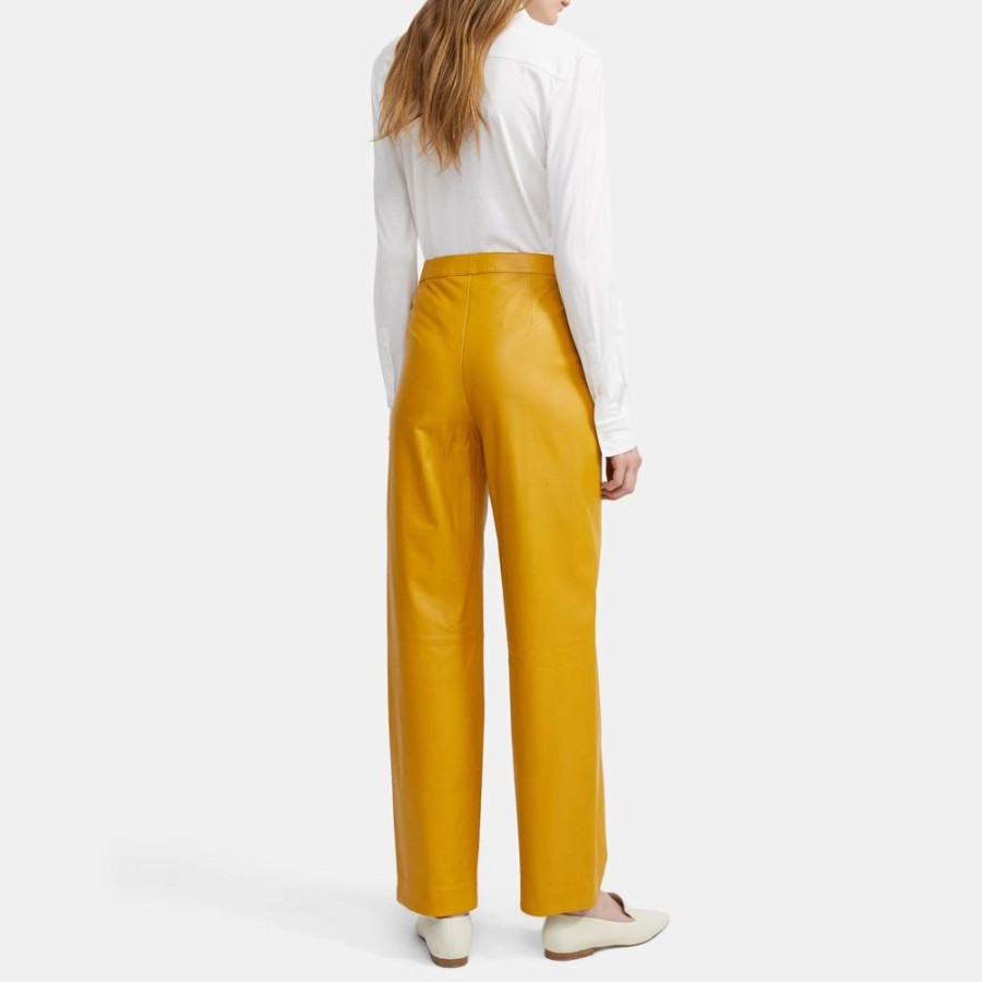 Women Theory Outlet | Feather Nappa Leather Pleated Pant Deep Amber