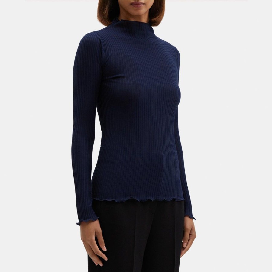 Women Theory Outlet | Funnel Neck Tee In Silk-Cotton Navy