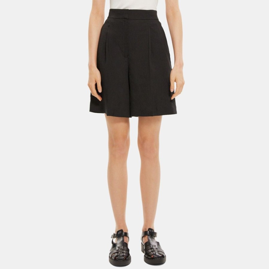 Women Theory Outlet | Pleated Short In Linen-Blend Black